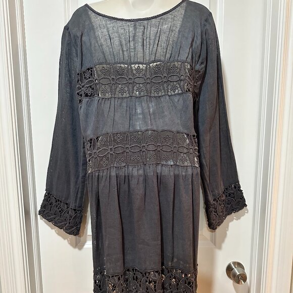 Free People Linen/Cotton Charcoal Gray Dress w/Embroidered Trim Size L - Picture 12 of 16